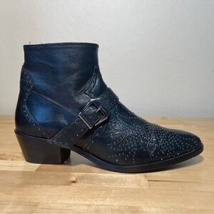 ZARA Black Leather Studded Booties Ankle Boots Moto Rocker Edgy Style